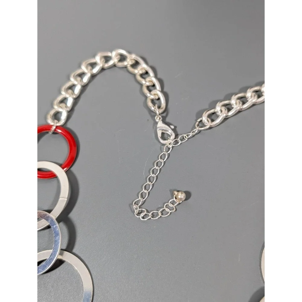 Modernist Silver Tone Red Round Chain Link Long‎ Necklace Statement 32